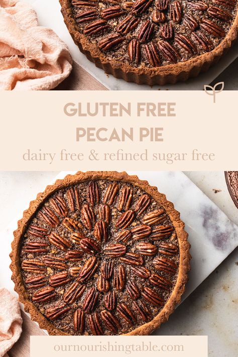 This healthy, gluten free pecan pie recipe is hands down one of my new favourite desserts. This dairy free pecan pie is also refined sugar free, made on a base of eggs, rapadura sugar and coconut oil. If you're on the search for healthy pecan desserts then look no further! Chocolate Pecan Pie Gluten Free, Gf Df Pecan Pie, Gluten Free Dairy Free Pecan Pie, Refined Sugar Free Christmas Desserts, Low Sugar Pecan Pie, Pecan Pie Gluten Free, Healthy Pecan Pie Recipe, Gluten Free Pecan Pie Recipe, Dairy Free Pecan Pie