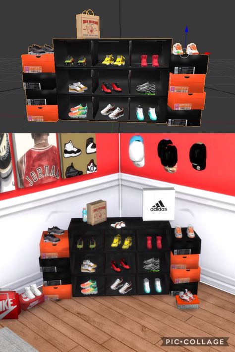 sims 4 cc // custom content clutter decor furniture // Simlocker Sneakerhead display Sims Footlocker, Sims 4 Shoe Decor, Sims 4 Cc Shoe Clutter, Sims 4 Shoe Clutter, Sims 4 Hypebeast Decor Cc, Sims 4 Realistic Clutter, Sims 4 Living Room Clutter, Sims 4 Cc Clutter Functional, Sims 4 Urban Cc Furniture