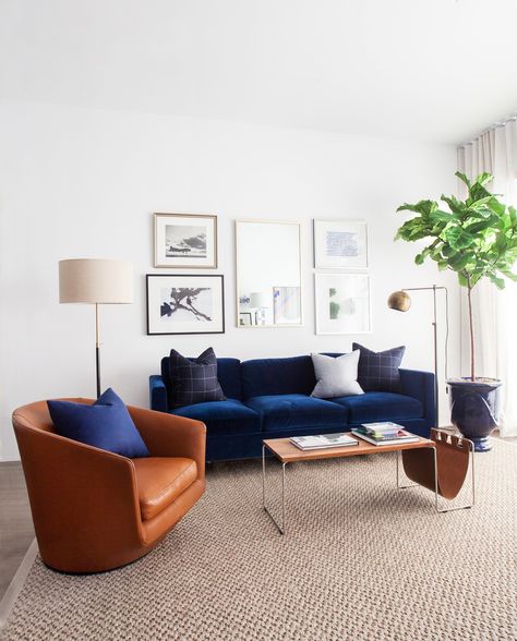 Caramel Couch With Blue Accents, Blue Couch Living Room Masculine, Blue Couch Mid Century Living Room, Navy Sofa Living Room, Blue Velvet Sofa Living Room, Blue Sofas Living Room, Velvet Sofa Living Room, Blue Couch Living Room, Living Room Nordic Style