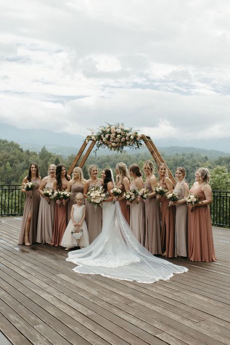 Western Boho Bridesmaid Dress, Wedding Color Schemes Country, Mountain Wedding Palette, Light Brown Bridesmaid Dress, Neutral Brown Bridesmaid Dresses, Dreamy Mountain Wedding, Bridesmaid Dresses Mountain Wedding, Rustic Wedding Bridesmaid Dresses Color Schemes, Neutral Country Wedding