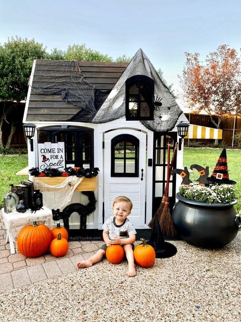 Halloween Playhouse Ideas For Your Little Monster - Home With Two Haunted Playhouse, Halloween Playhouse, Simple Outdoor Halloween Decor, Playhouse Decor, Playhouse Makeover, Kids Playhouse Outdoors, Playhouse Ideas, Kids Restaurants, Halloween Outside