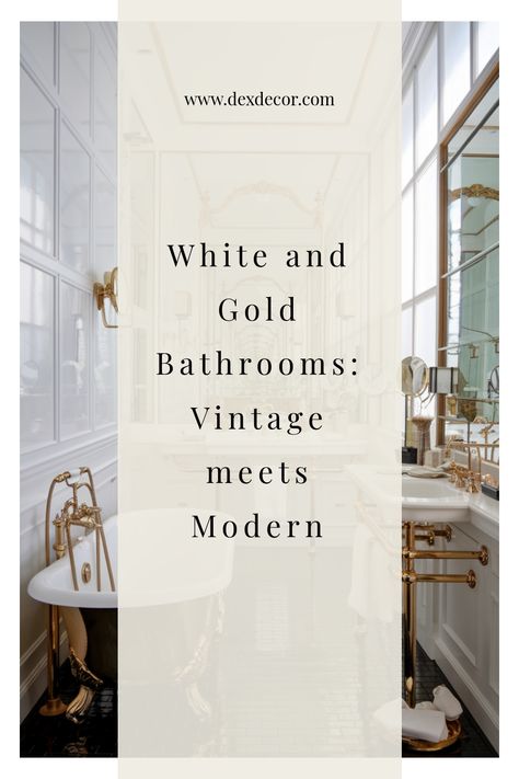 Luxurious white and gold bathroom with vintage and modern elements, featuring a freestanding bathtub and gold fixtures. Black And Gold Bathroom White Vanity, Small Gold Bathroom, Bathroom With Gold Hardware, Lux Bathroom Ideas, Gold Fixtures Bathroom, Elegant Half Bathroom Ideas, Bathroom With Brass Fixtures, Parisian Style Bathroom, Bathroom With Gold Accents