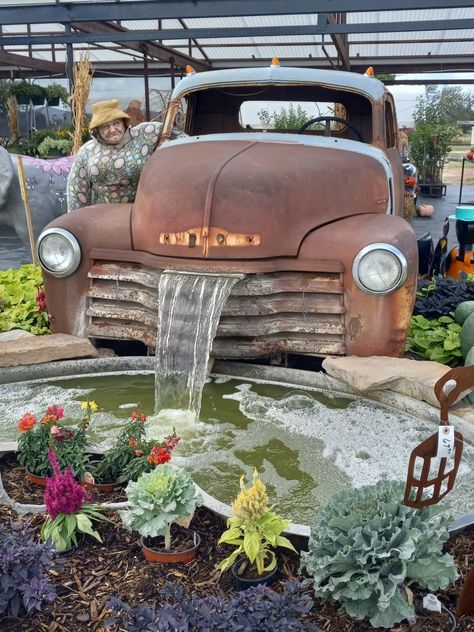 Old Truck Flower Bed Waterfall, Old Truck Fountain, Truck Water Feature, Old Truck Water Fountain, Old Truck Waterfall Pond, Truck Fountain, Truck Landscaping, Farm Fountain, Truck Waterfall