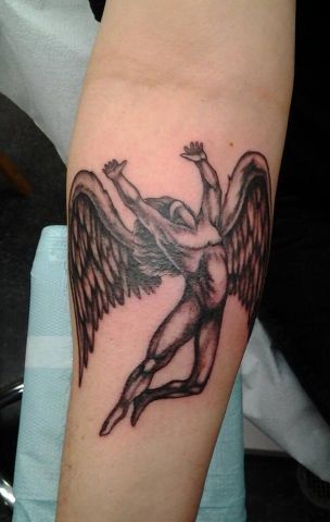 Fallen Angel Tattoo Ideas, Led Zeppelin Tattoo Ideas, Led Zeppelin Tattoos, Led Zeppelin Angel, Angel Tattoo Ideas, Led Zeppelin Tattoo, Music Sleeve, Thigh Piece Tattoos, Fallen Angel Tattoo