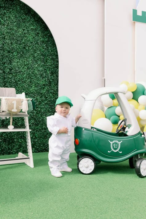 Masters Theme Balloon Arch, Little Tykes Coupe Golf Cart, Golfing Birthday Party, Masters Themed 1st Birthday Party, Masters Birthday Party Baby, Golf Cozy Coupe, Putt Putt Birthday Party, First Birthday Masters Theme, Golf First Birthday Pictures