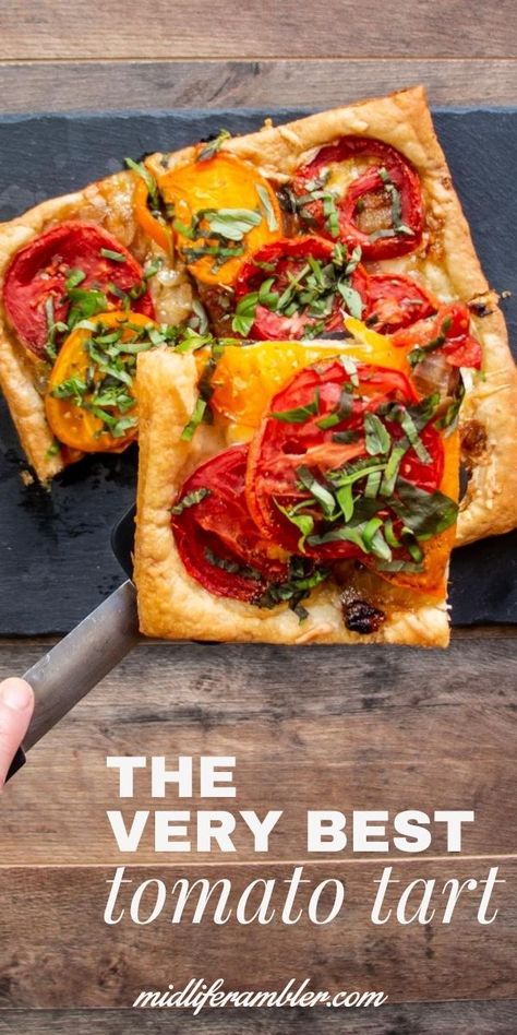 Roasted Tomato Tart Puff Pastry, Puff Pastry Tomato Tart Recipe, Tomato Onion Tart, Roasted Tomato Tart, Tomato Pie With Puff Pastry, Puff Pastry Tomato Tart, Tomato Tart Puff Pastry, Tart With Puff Pastry, Easy Tomato Tart