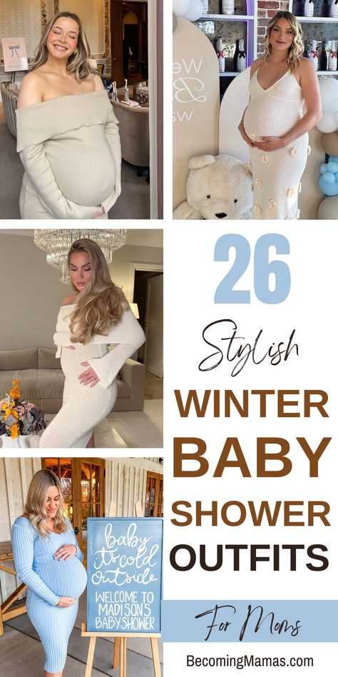 These 26 stunning winter baby shower outfits for moms combine comfort and style. From elegant knit dresses to romantic flowing gowns, find the perfect look to celebrate your special day! Sweater Dress For Baby Shower, Winter Wonderland Maternity Dress, Baby Shower Outfit Ideas Winter, Woodland Baby Shower Dress, February Baby Shower Dress, Maternity Baby Shower Outfit Winter, Maternity Outfits For Baby Shower Winter, Going Home Outfit For Mom Winter, Winter Gender Reveal Outfit