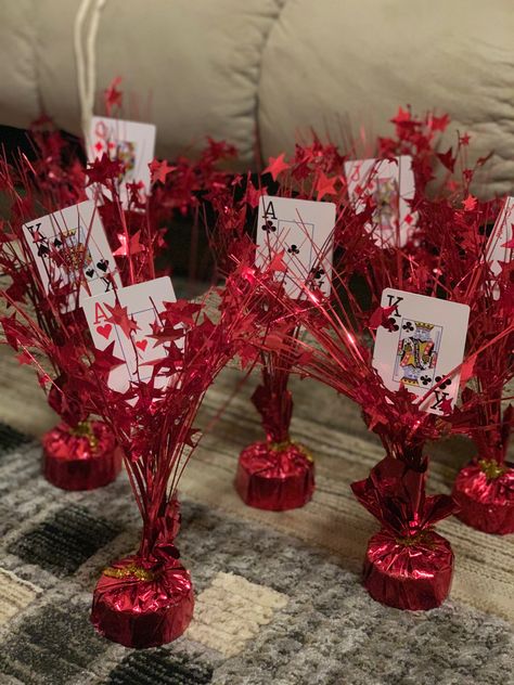 Dollar Tree Casino Decorations, Vegas Retirement Party Ideas, Playing Card Party Decorations, Las Vegas Centerpieces, Casino Night Games Diy, Casino Night Party Decorations Diy, Casino Theme Party Decorations Table, Diy Casino Decorations, Casino Night Centerpieces