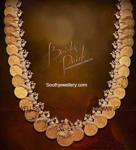 Peacock Lakshmi Diamond Kasu Mala Latest Indian Jewellery, 22 Carat Gold Jewellery, Temple Jewelry Necklace, Gold Temple Jewellery, Mala Jewelry, Antique Gold Jewelry Indian, Gold Jewelry Simple Necklace, Beautiful Gold Necklaces, Gold Necklace Indian Bridal Jewelry