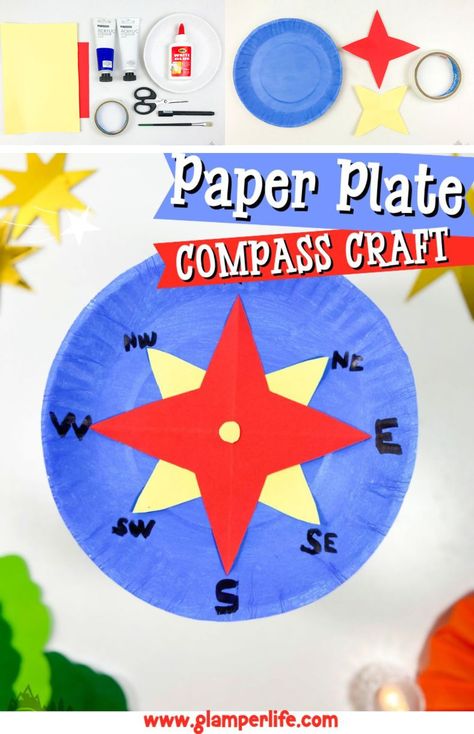 Preschool Geography Crafts, Kindergarten Compass Craft, Make A Compass Craft, Geography Crafts For Preschoolers, The Great Outdoors Crafts Preschool, Camping Themed Art For Kids, Sea Travel Crafts For Preschool, Crafts About Camping, Map Craft Preschool