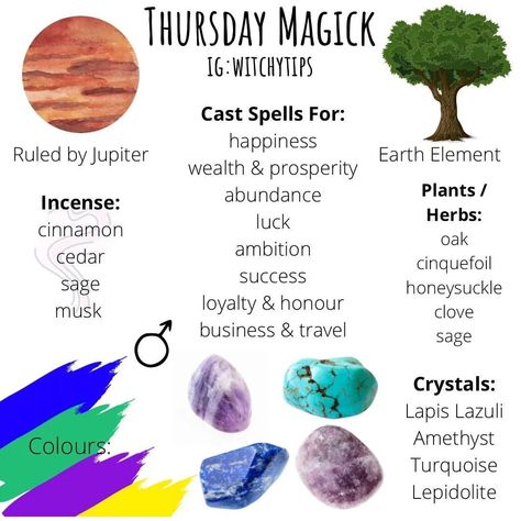 Thursday magic by @witchytips . . . . #wiccansofinstagram #witchlife #witchesofinstagram #witch #witchcraft #wicca #wiccan #pagan… | Instagram Spell Correspondences, Dream Divination, Thursday Magick, Spell Timing, Daily Magic, Witchy Journal, Witch Rituals, Teen Witch, Moon Journal