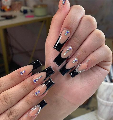 Long Black French Tip Nails With Gems, Black Acrylic Nails With Rhinestones Bling, Black Acrylics With Gems, Black French Tip Gems, Black French Tip Nails Coffin With Gems, Black Nail Designs With Gems, Coffin Acrylic Nails With Rhinestones, Black French Nails With Rhinestones, Black Frenchies With Rhinestones