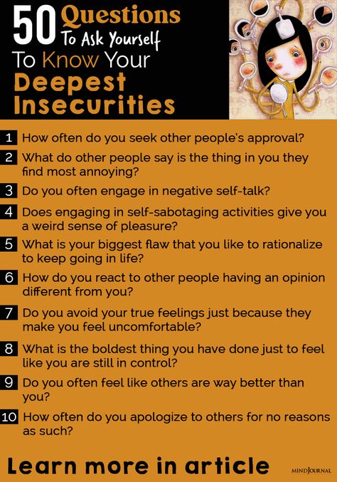 50 Questions To Ask Yourself To Know Your Deepest Insecurities How To Be More Understanding, Questions To Ask Yourself Everyday, Shadow Work Prompts For Insecurity, Self Concept Questions, How To Become Better Version Of Yourself, Questions To Know Yourself Better, How To Be More Attractive, Insecurities In Relationships, Shadow Questions