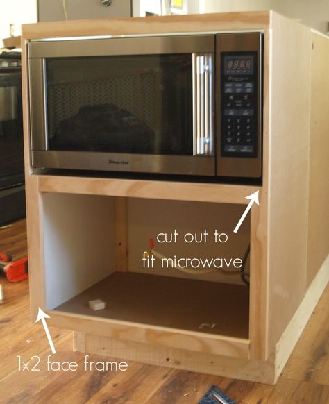 Microwave Cabinet Diy, Microwave Base Cabinet, Built In Microwave Cabinet, Under Counter Microwave, Microwave In Island, Pallet Deck Diy, Microwave Cabinet, Microwave Shelf, Cabinet Diy