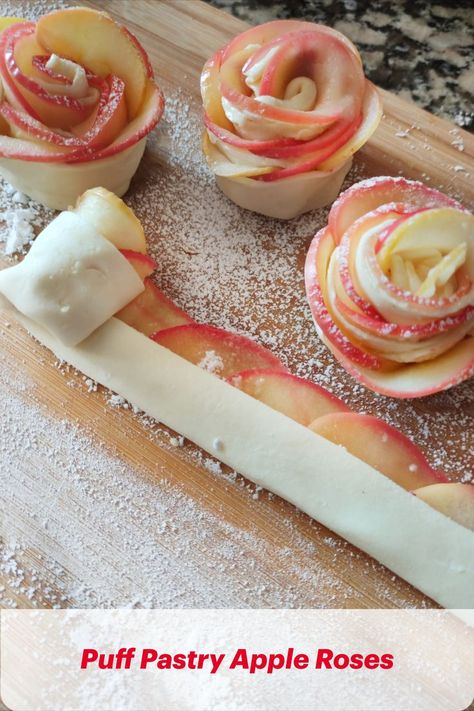 Beautiful apple roses made with puff pastry Rose Shaped Food, Baked Apple Roses, Flower Shaped Food, Tea Party Menu, Apple Pastry, Valentines Recipes Desserts, Flower Desserts, Puff Pastry Desserts, Roses Beautiful