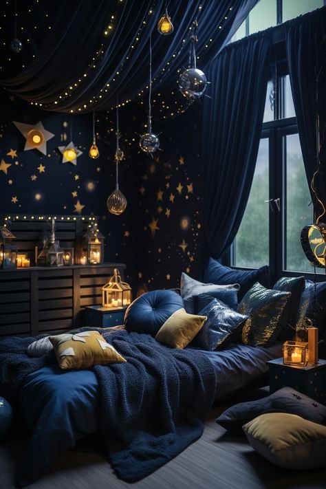 Celestial Bedroom, Celestial Room, Ceiling Lighting Ideas, Galaxy Bedroom, Galaxy Room, Star Bedroom, Space Themed Room, Space Themed Bedroom, Dream Bedroom Inspiration