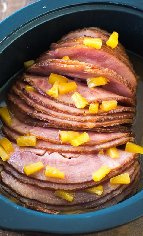 Make sure to use spiral, could probably go with a little less sugar. 3.5hr not long enough for 7# ham with most of bone removed Crockpot Ham Recipes, Brown Sugar Pineapple Ham, Ham With Pineapple, Ham Recipes Crockpot, Slow Cooker Ham Recipes, Brown Sugar Pineapple, Ham Pineapple, Pineapple Ham, Crockpot Ham