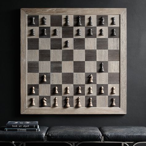 A massive wall-mounted vertical chess board with magnetized chess pieces that turns a classic board game into full blow interactive wall art. Vertical Chess Board, Giant Chess, Easy Weekend Projects, Wall Game, Rh Rugs, Interactive Walls, Classic Board Games, Medicine Cabinet Mirror, Chess Game