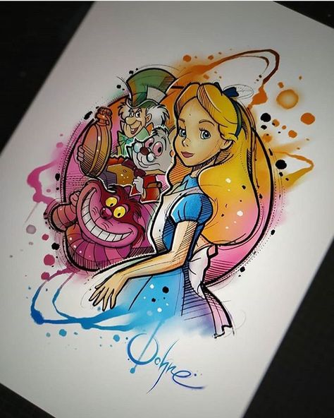 ✨”We’re all mad here” - Alice in Wonderland💗 ✨In love with this tattoo design by @ochrefoxtattoo😍so much detail and full of colour! I just… Alice And Wonderland Tattoos, Disney Punk, Alice In Wonderland Artwork, Disney Sleeve, Dark Alice In Wonderland, Alice In Wonderland Drawings, Wonderland Artwork, Wonderland Tattoo, Alice And Wonderland Quotes