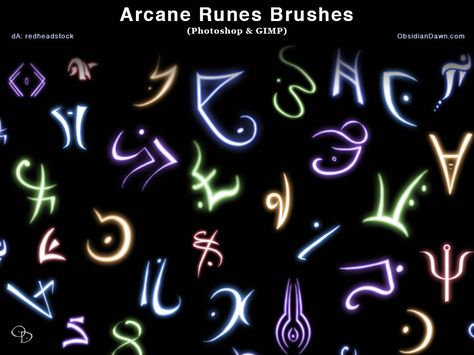 Arcane Runes Photoshop and GIMP Brushes by redheadstock Arcane Symbols Magic, Elemental Runes, Arcane Runes, Rune Art, Cosplay Jinx, Gimp Brushes, Arcane Symbols, School Magic, Tattoo Training