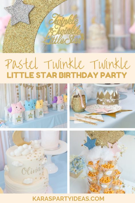 Kara's Party Ideas Pastel Twinkle Twinkle Little Star Birthday Party | Kara's Party Ideas Star Birthday Centerpiece, Twinkle Twinkle Birthday Party, Moon And Stars First Birthday Party, Star Themed First Birthday Party, Star 2nd Birthday Theme, 1st Birthday Star Theme, Stars Theme Birthday Party, Celestial 1st Birthday, Twinkle Birthday Theme