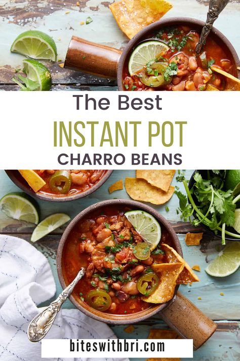 These instant pot charro beans are the first bean recipe I have posted to the blog which is funny because I eat beans every week. Charro beans are a traditional Mexican dish. They are pinto beans stewed with pork (like ham, bacon, or chorizo), onions, peppers, tomatoes, and garlic. This authentic Mexican recipe has many names. It is also called frijoles charros or a la charra, Mexican cowboy beans, borracho beans, or ranchero beans. Charro actually means horsemen or cowboy, hence the name. Best Charro Beans Mexican, Best Charro Beans Recipe, Charo Beans Recipe, Boracho Beans, Instant Pot Charro Beans, Ranchero Beans, Borracho Beans Recipe, Bri Recipes, Borracho Beans