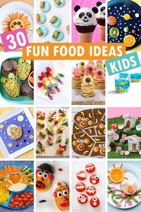 30 FUN FOOD FOR KIDS IDEAS -- Creative food ideas to get kids in the kitchen and keep busy. Lunch, breakfast, snacks, desserts, dinner. Fun Food Ideas For Kids, Food Art Lunch, Fun Food For Kids, Food Ideas For Kids, Fun Kid Lunch, Fun Food Ideas, Kids Food Crafts, Theme Snack, Cousin Camp