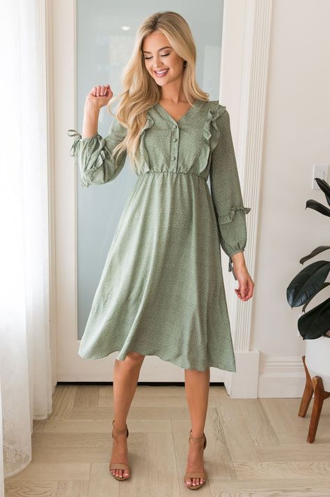 Olive Green Midi Dress, Kid Pictures, Sunday Dresses, Teacher Aesthetic, Neesees Dresses, Autumn Soft, Church Clothes, Dresses Winter, Sage Dress