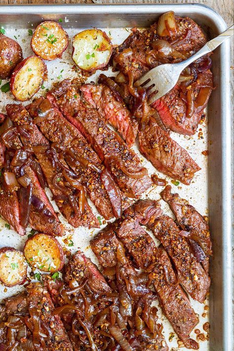 Sheet Pan Steak and Potatoes — #eatwell101 #recipe #steak #dinner - Perfectly seasoned, melt-in-your-mouth tender steak and crisp cheesy potatoes — An easy dinner ready in less than an hour! - #recipe by #eatwell101 Recipes With Chimichurri, Sheet Pan Steak And Potatoes, Sheet Pan Steak, Turkey Chili Recipe Easy, Skirt Steak Marinade, Seared Salmon Recipes, Skirt Steak Recipes, Steak And Potatoes, Pan Steak