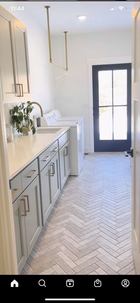 Laundry Reno, Room Tiles Floor, Laundry Room Floor, Room Floor Tiles, Modern Tile Designs, Kathleen Post, Laundry Room Tile, Herringbone Tile Floors, Blue Laundry Rooms