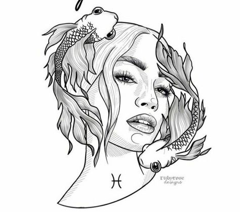 Tattoo Pisces Tattoo Goddess, Pisces Woman Tattoo, Pisces Woman Art, Pices Zodiac Tattoo Women, Pisces Goddess Tattoo, Mystical Coloring Pages, Zodiac Drawings, Reader Tattoo, Feminine Tattoo Ideas