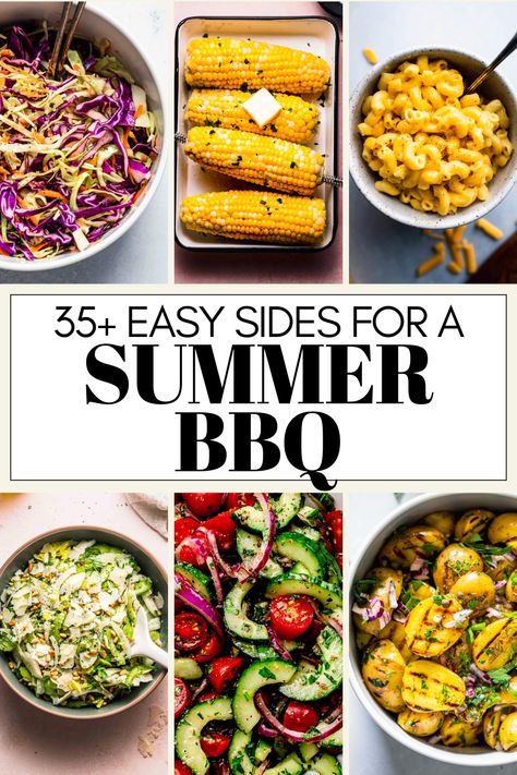 Over 35+ EASY side dishes for ribs - including vegetable side dishes, slaws, potatoes, salads, and more. // CHICKEN // RIBS // PORK // BURGERS Grilled Chicken Sides Dishes, Easy Sides For Bbq, Vegetable Side Dishes For Bbq, Best Sides For Burgers, Ribs And Sides, Grilled Chicken Side Dishes, Sides For Bbq, Bbq Chicken Sides, Grilled Chicken Sides