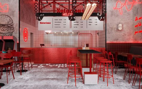 https://tanic.design/work/ladies-only-gym Industrial Burger Restaurant, Fast Food Restaurant Design Ideas, Burger Shop Interior Design, Fast Food Interior Design, Industrial Warehouse Design, Burger Restaurant Design, Fast Food Restaurant Design, Modern Chinese Restaurant, Burger Restaurants