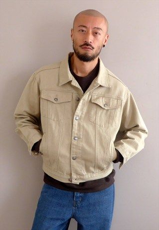 NEW OVERSIZED 90S FIT DENIM JACKET IN BEIGE Beige Denim Jacket Outfit, Beige Denim Jacket, Oversized Denim Jacket Outfit, 90s Fits, Fitted Denim Jacket, Denim Jacket Outfit, Men Jackets, Jacket Beige, Oversized Denim Jacket