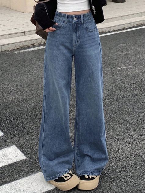 DAZY Women Loose Fit Long Length Wide Leg Jeans With Cat Whisker DesignI discovered amazing products on SHEIN.com, come check them out! Modesty Outfits, Moustaches, Cute Preppy Outfits, Long Jeans, Pantalon Large, Women Denim Jeans, Wide Leg Denim, Casual Denim, Denim Outfit