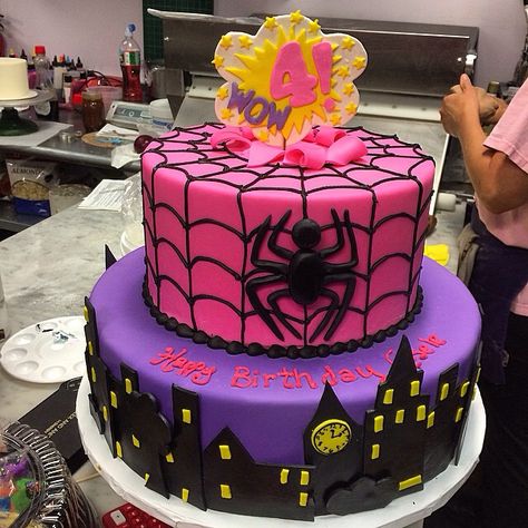 Girly Spiderman Cake, Girly Spiderman Party, Spidergwen Cake, Spider Gwen Birthday Cake, Ghost Spidey Birthday Cake, Girl Spider Man Birthday Party, Gwen Stacy Cake, Girls Spiderman Birthday Party, Spidergirl Cake