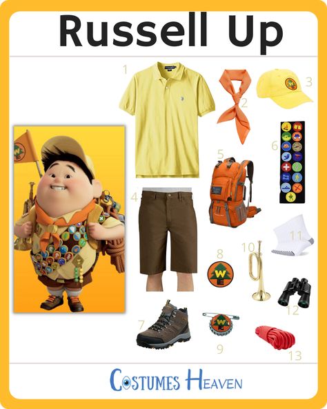 Wilderness Explorer Disneybound, Diy Russell From Up Costume, Adventure Costume Ideas, Russell Up Costume Diy, Russell Halloween Costume, Disney Up Costume Ideas, Explorer Outfit Adventure, Boy Scout Costume, Russel Costume