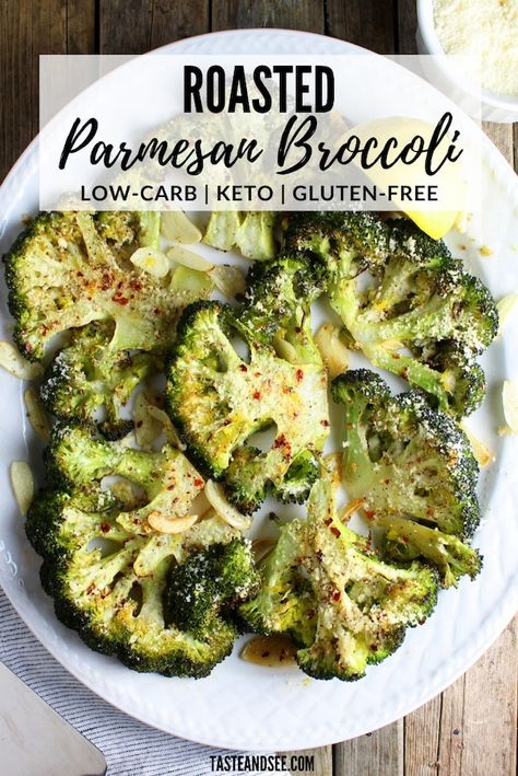 This Roasted Parmesan Broccoli is a yummy, easy healthy veggie side dish! #GlutenFreeVeggies #LowCarbVeggies #HealthyRecipes #ParmesanBroccoli #TasteAndSee Roasted Parmesan Broccoli, Easy Veggie Side Dish, Veggie Side Dish, Parmesan Broccoli, Healthy Veggie, Low Carb Veggies, Low Carb Sides, Low Carb Side Dishes, Keto Side Dishes