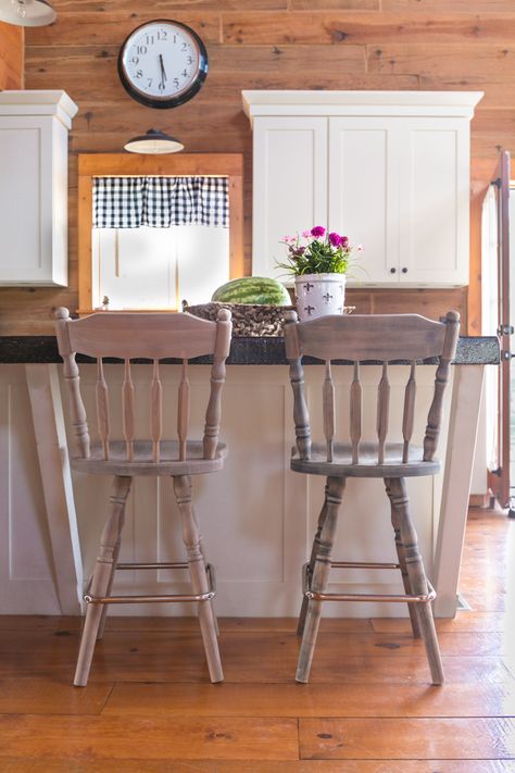 Bar Stools That Have Been Stripped of Paint Bar Stools Ideas, Painted Bar, Painted Bar Stools, Basket Centerpiece, Farmhouse Bar Stools, Basket Centerpieces, Apt Decor, Faux Branches, Homemade Furniture