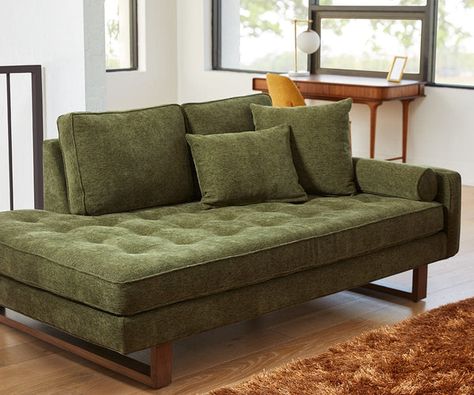 Sofas + Sectionals - Dania Furniture Chaise Lounge Mid Century Modern, Mid Century Modern Chaise, Green Chaise Sofa, Comfortable Sofas Living Room Modern, Mid Century Green Couch, Mid Century Modern Sofas, Mid Century Boho Decor, Olive Office, Olive Green Sofa