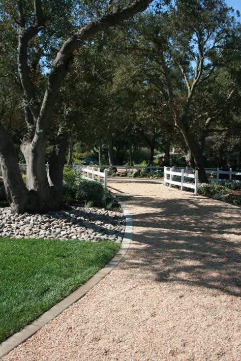 I love this drive way. Ours is 5 times as long but wow it would look spectacular. Pebble Driveway, Gravel Driveway Landscaping, Drive Ways, Driveway Edging, Circle Driveway, Entrance Landscaping, Driveway Entrance Landscaping, Stone Driveway, Driveway Ideas