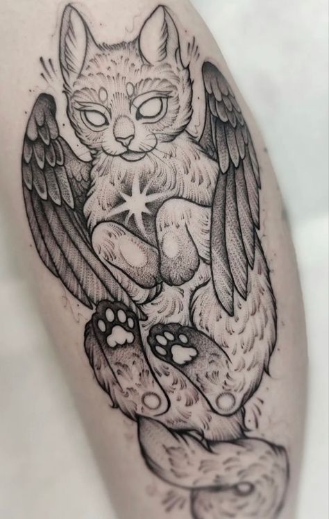 One Eyed Cat Tattoo, Mythical Animal Tattoo, Gothic Animal Tattoo, Mystical Cat Tattoo, Mystic Cat Tattoo, Cute Baphomet Tattoo, Witch Cat Tattoo, Black And White Cat Tattoo, Character Tattoos