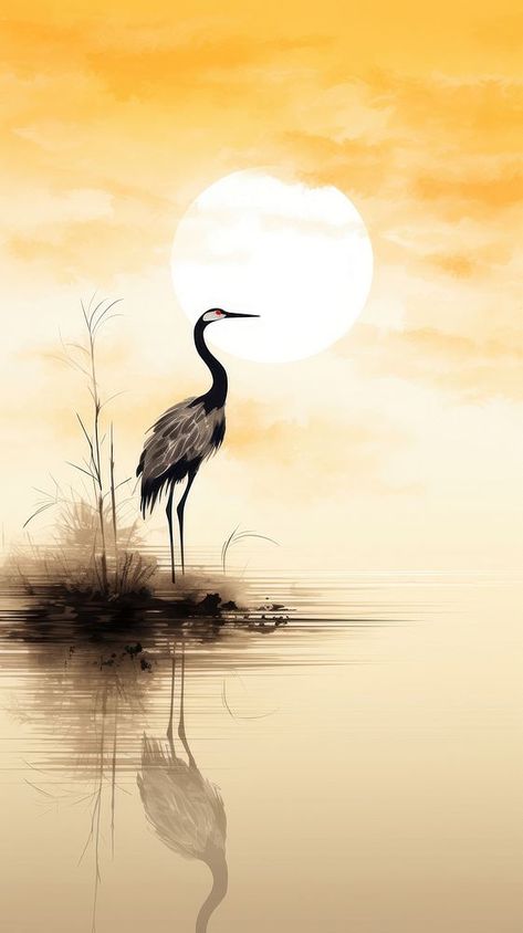 Crane Art Paintings, Asian Watercolor Paintings, Crane Bird Drawing, Lake Painting Ideas, Silhouette Art Ideas, Crane Aesthetic, Heron Drawing, Crane Silhouette, Heron Silhouette