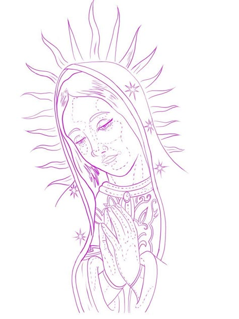 Rare Tattoo Stencils, Virgin Mary Outline Drawing, Random Tattoo Stencil, Virgin Of Guadalupe Drawing, The Virgin Mary Drawing, Drawing Ideas Mexican Culture, Virgencita Drawing Chicana, Virgin Mary Tattoo Design Stencil, Virgin Mary Tattoo Stencil Outline