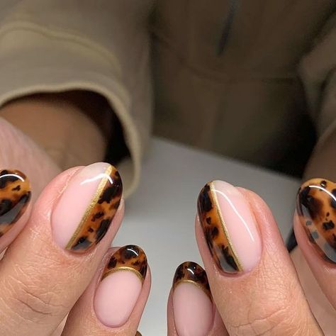 Meg | Luminary + Nail Art on Instagram: "Happy Halloween!! 👻  We love a good tortie set 🖤  #happyhalloween #tortoiseshellnails #tortienails #cutenails #luminarynailsystems #aznailtech #handpaintednailart" Short Square October Nails, Structure Gel Nails Design, Painting Gel Nails Art Ideas, Tortishell Nails Design Almond, Fun Autumn Nails, Short Oval Nails Fall, Turtle Nail Designs, Simplistic Nails, Tortie Nails