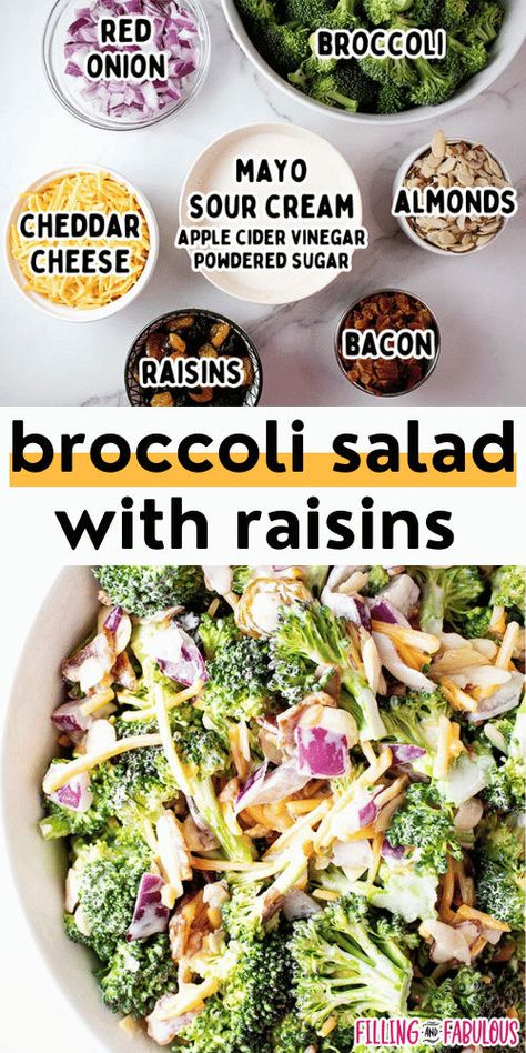 This broccoli salad with raisins is the perfect combination of savory and sweet and is sure to be a winning side dish wherever you serve it. It's perfect for holidays, parties, and just because! Sweet Broccoli, Salad With Raisins, Side Dish Salad, Broccoli Salad With Raisins, Easy Broccoli Salad, Easy Broccoli, Christmas Sides, Cheese Powder, Rice Side Dishes