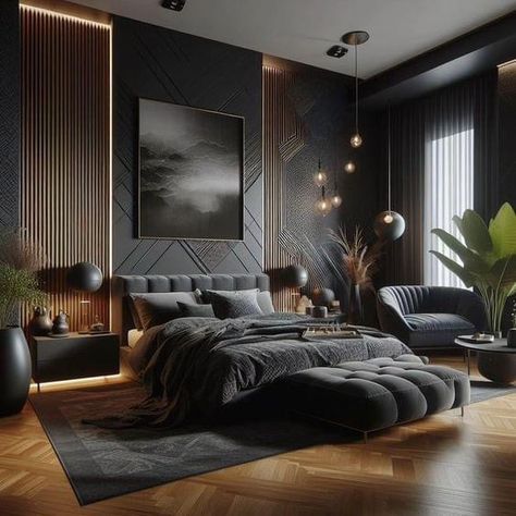 Black Bedroom Wood Accents, Bedrooms Inspiration, Black Bedroom Design, Luxury Bedroom Design, Inspiration Aesthetic, Luxury Bedroom Master, Pixel Perfect, Modern Bedroom Design, Bedroom Refresh