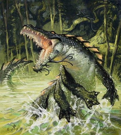 A crocolisk is a long-snouted reptile with six short legs and a long tail that bears much resemblance to basilisks or the real-life crocodiles. Crocolisks are powerful amphibious predators common in most regions of Azeroth, attacking unwary adventurers sailing their waterways. Crocolisks are usually found near bodies of water such as rivers, marshes and lakes.     Copyright 2010-2018 Blizzard Entertainment Alligators Art, River Monsters, Dark Sun, Heroic Fantasy, Dnd Monsters, Monster Concept Art, Alien Creatures, Fantasy Monster, Fantasy Creatures Art