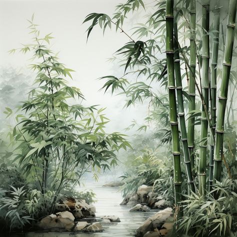 Bamboo Tree Drawing, Bamboo Art Painting, Bamboo Drawing, Bamboo Painting, Zen Painting, Waterfall Paintings, Chinese Art Painting, Tree Sketches, Bamboo Art