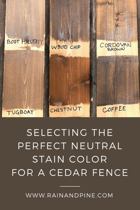 Selecting the Perfect Neutral Stain Color for a Cedar Fence - A comparison of 6 popular Behr semi-transparent fence and deck stain colors: Boot Hill Grey, Tugboat, Wood Chip, Chestnut, Cordovan Brown, and Coffee, applied to raw cedar boards. We tested these colors to choose just the right soft neutral color for our DIY horizontal privacy fence. - Rain and Pine Cedar Stain Colors, Cedar Fence Stain, Exterior Wood Stain Colors, Modern Home Exteriors, Exterior Stain Colors, Neutral Stain, Deck Stain Colors, Small Garden Layout, Cedar Stain